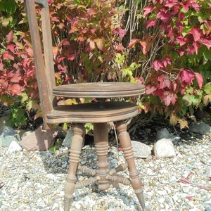 Pu&ograve; includere: Uno sgabello girevole in legno con un sedile rotondo e uno schienale alto. Lo sgabello ha una finitura marrone scuro e intagli intricati sulle gambe. Lo sgabello &egrave; seduto su un letto di ghiaia.