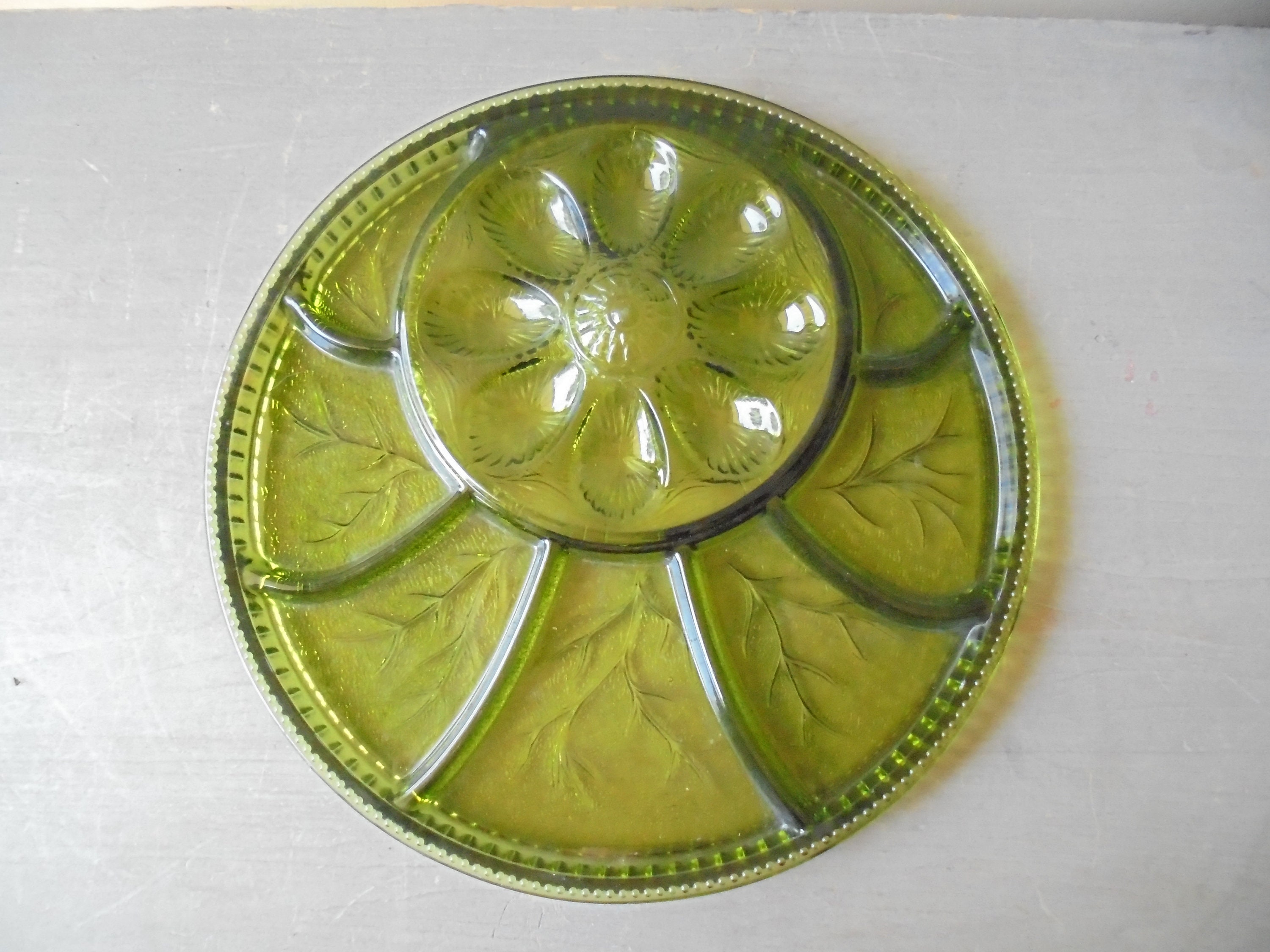 Green Glass Deviled Egg Dish Vintage Relish Dish Large Green Etsy