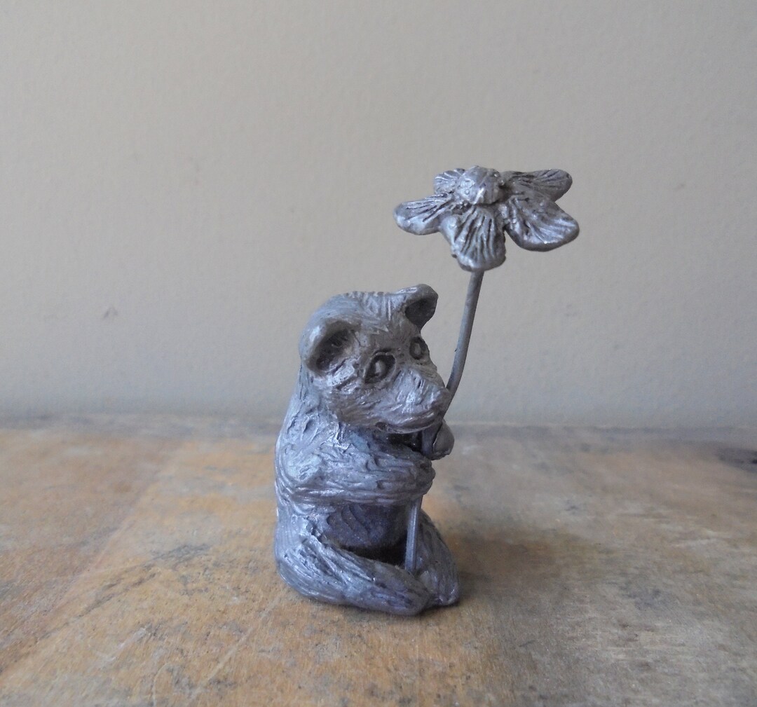 Vintage Pewter Bear With Flower Bear Figurine Holding Flower Etsy