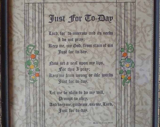 Vintage Framed Print, Just for Today Prayer, Design by Frances Smith, Theearlybirdfinds - Etsy