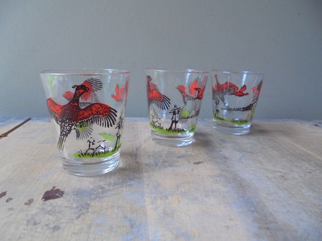 Vintage Shot Glass, Set of Three Pheasant Hunting Shot Glasses