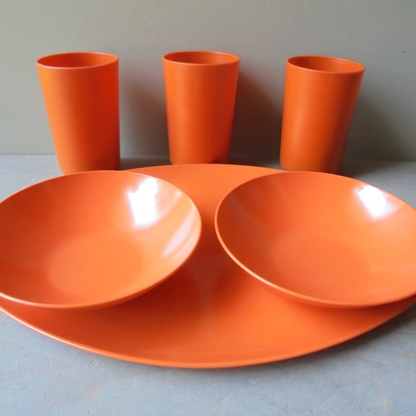 Vintage Orange Melamine Dishes, Plastic Platter and Bowls, Orange Cup, Vintage Camp Kitchen, TheEarlyBirdFinds