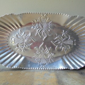 Vintage Silver Metal Folk Art Tray, 1940's Mexico embossed Tin over wood,  Small Rustic Tray