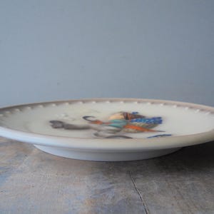 May include: A white ceramic plate with a detailed illustration of a bird in flight, featuring blue, orange, and grey hues. The plate has a slightly raised rim with a dotted pattern and a diameter of approximately 15 cm.