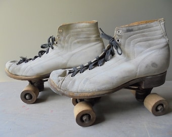 Vintage Roller Skates, White Roller Skates with Wooden Wheels, Ware Bros. Chicago Roller Skates, TheEarlyBirdFinds