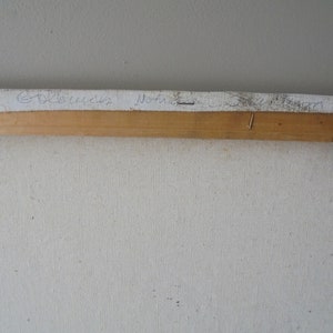 May include: Close-up of the back of a canvas painting with a wooden frame. The artist's signature is visible on the canvas: "Goldie" and "Norine".