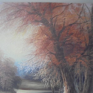 May include: A painting of a forest scene with a large tree in the foreground. The tree has brown branches and leaves, and the background is a soft, hazy blue. The painting is done in a realistic style.