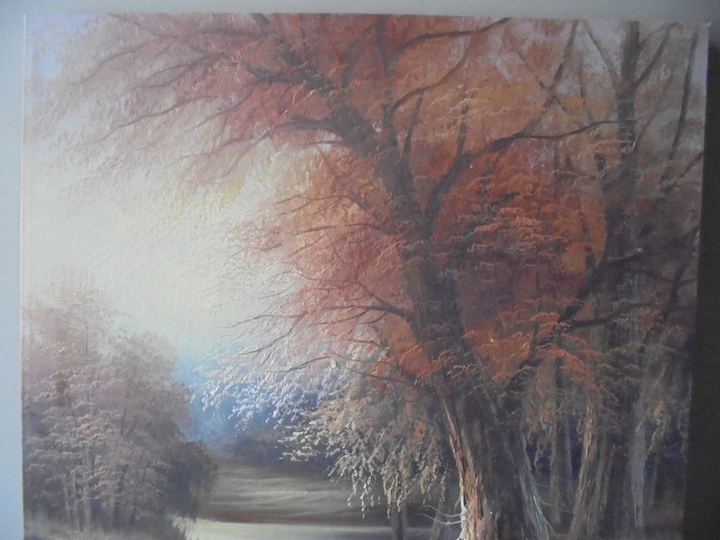 May include: A painting of a forest scene with a large tree in the foreground. The tree has brown branches and leaves, and the background is a soft, hazy blue. The painting is done in a realistic style.