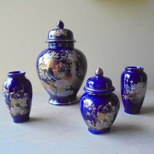 Vintage Collection of Jars, Set of Four Oriental Decorative Containers, Colbalt Blue Ginger Jars, Peacock Cherry Blossom TheEarlyBirdFinds