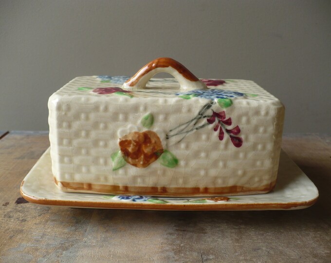 Vintage Covered Butter Dish With Basket Weave Design and Flowers