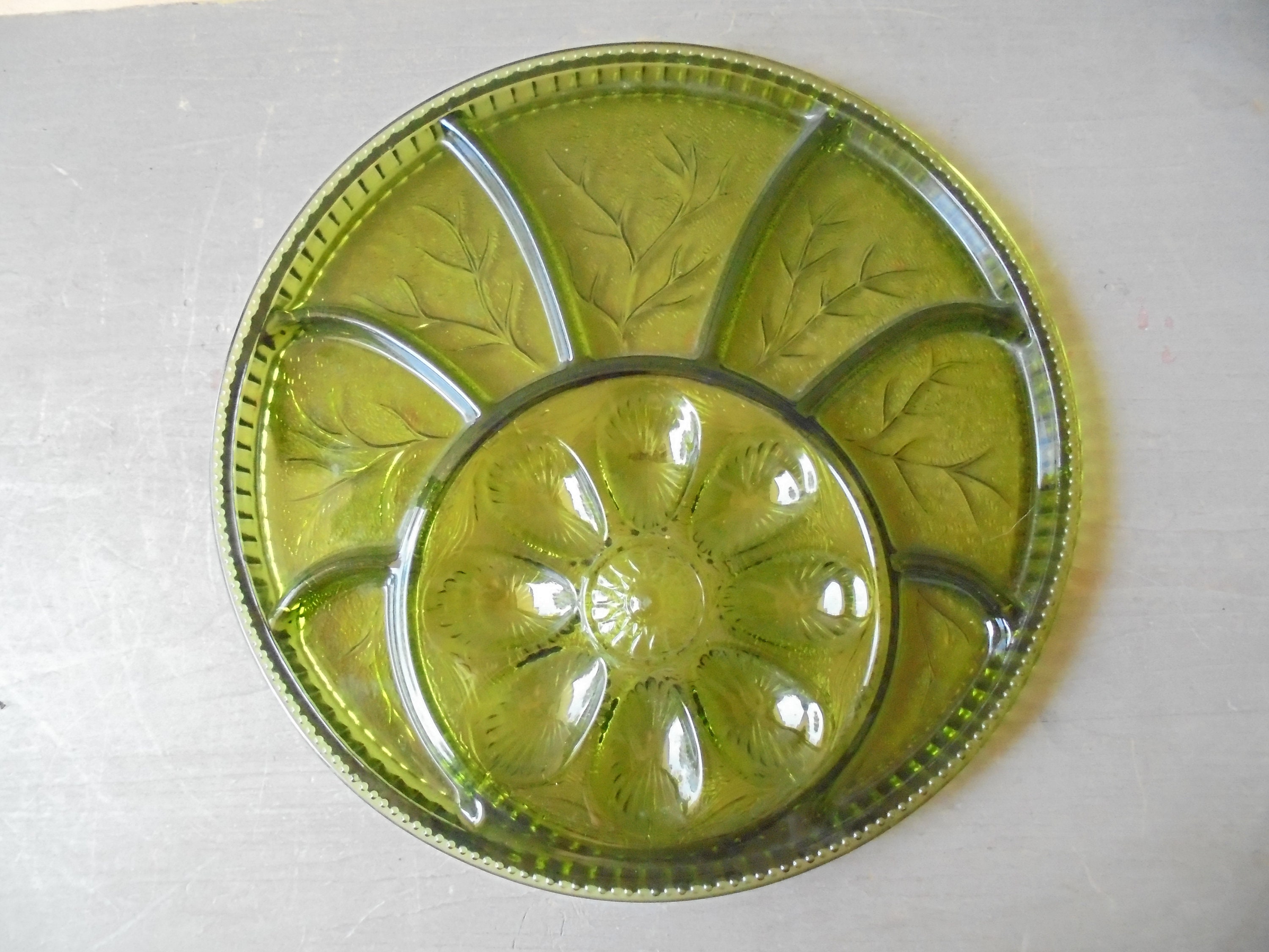 Green Glass Deviled Egg Dish Vintage Relish Dish Large Green Etsy