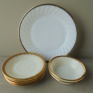 Vintage Fire King Ovenware Dishes, Vintage White with Gold Oven Ware Dinner Plate Saucers and Bowls, White Swirl Saucer, TheEarlyBirdFinds