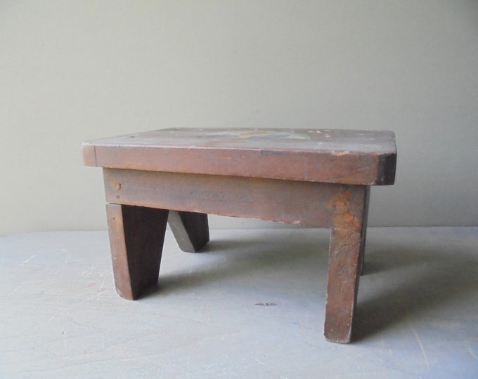 Vintage Child's Step Stool, Vintage Wooden Kid's Step With Painted Mice