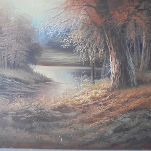May include: A painting of a forest scene with a river running through it. The trees are mostly brown and green, and the river is a light blue. The sun is shining through the trees, creating a warm glow.