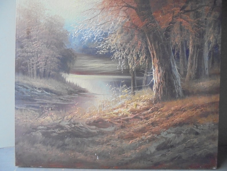 May include: A painting of a forest scene with a river running through it. The trees are mostly brown and green, and the river is a light blue. The sun is shining through the trees, creating a warm glow.