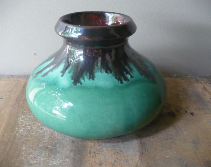 Ceramic Wide Mouth Vase Vintage Green and Black Vase Vintage Etsy