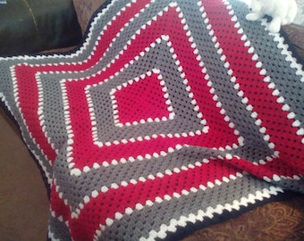 Ohio State Buckeyes themed large granny square afghan in scarlet / red and gray. Ready to ship!