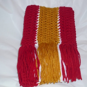 Kansas City Chiefs themed red and gold scarf with fringe. Very warm!