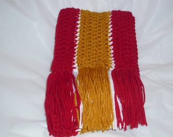 Kansas City Chiefs themed red and gold scarf with fringe. Very warm!