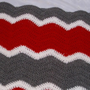 Ohio State Buckeyes inspired afghan. Chevron style red and gray afghan. Ready to ship!