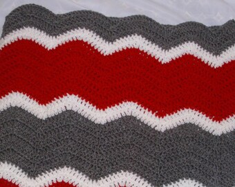 Ohio State Buckeyes inspired afghan. Chevron style red and gray afghan. Ready to ship!