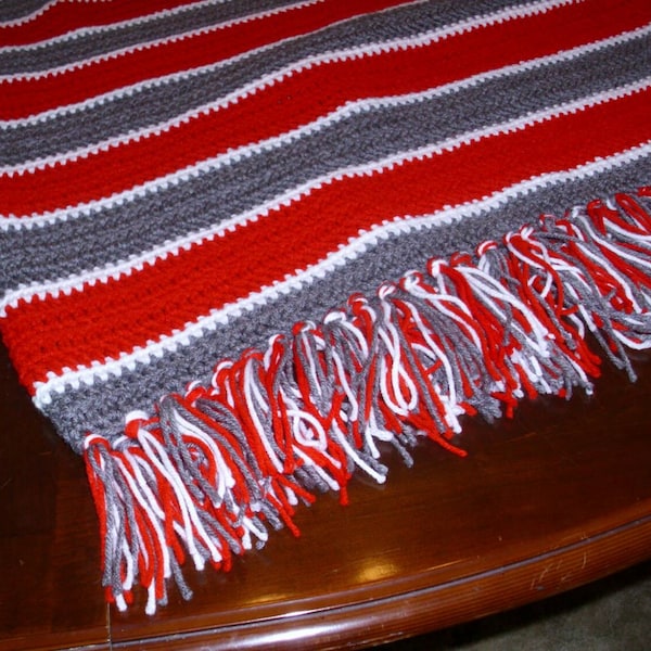 VERY POPULAR ITEM!! Ohio State Buckeyes themed afghan in red / scarlet and gray, with fringe on 4 sides.