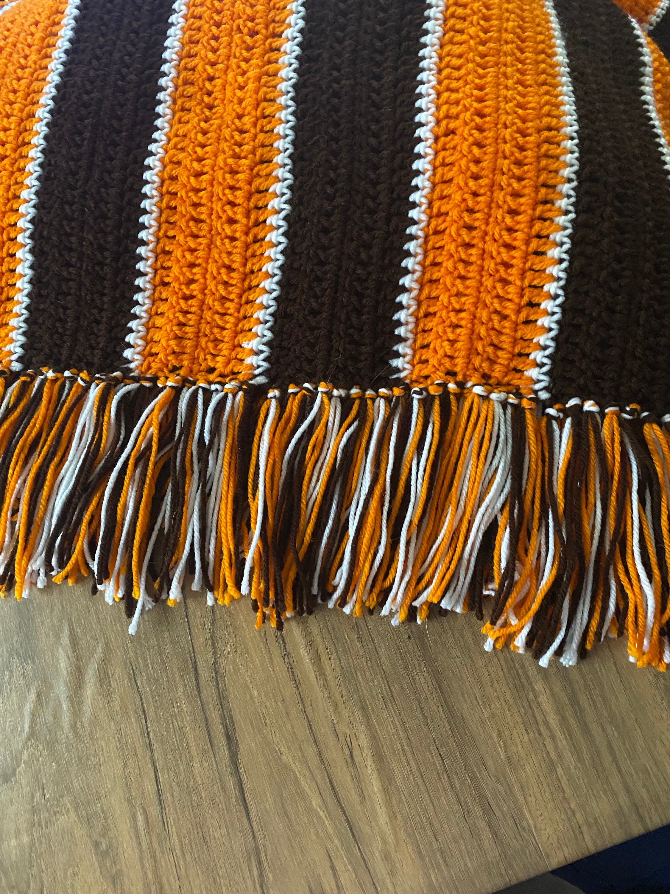 Cleveland Browns Themed Orange and Brown Striped Crochet Afghan