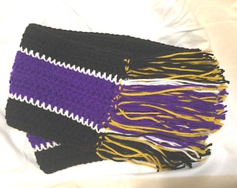 Baltimore Ravens themed scarf with fringe. Black, purple and gold scarf with fringe. Very warm!