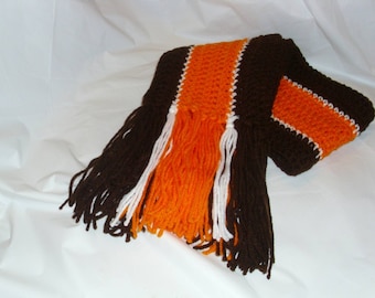 Cleveland Browns themed scarf.  Brown, orange and  white striped scarf with fringed edges. Free shipping!