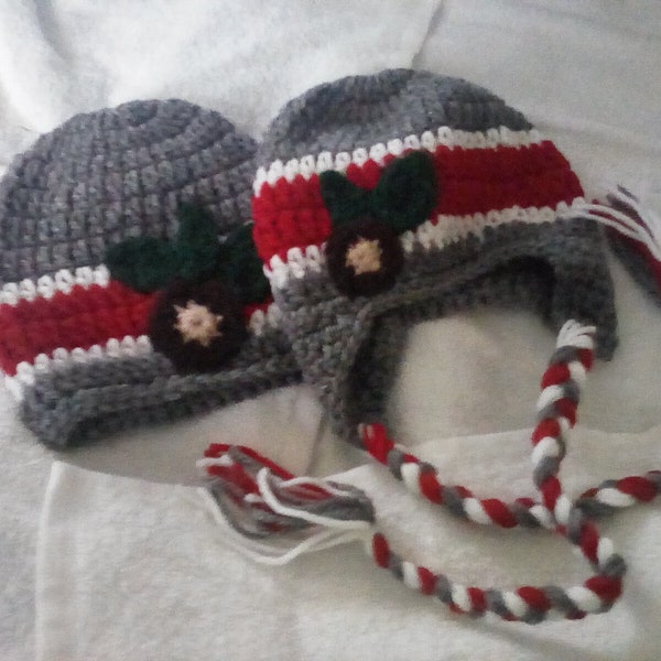 Ohio State Buckeyes themed scarlet/red and gray hat and booties set. Newborn  and other size set or earflap hat. Free shipping. Popular pick