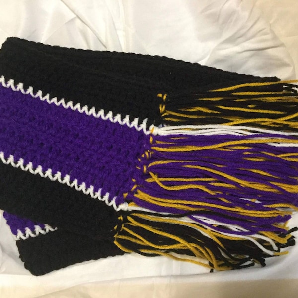 Baltimore Ravens themed scarf with fringe. Black, purple and gold scarf with fringe. Very warm! Free shipping!