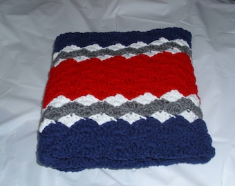 New England Patriots themed baby afghan set, includes matching hat and booties.  Red, white, gray and blue baby afghan set.  Ready to ship.