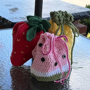 Crocheted Fruit Bags: Strawberry, Pineapple, Watermelon Drawstring Purses