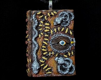 Witchy Spell BOOOOK! Necklace, Handmade Polymer Clay Grimoire Pendant, Creepy Cute Eye Book Jewelry, Spooky Halloween Necklace