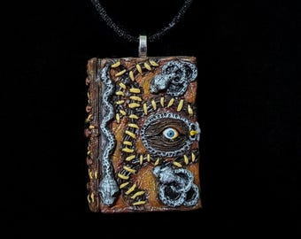 Witchy Spell Book Necklace, Handmade Polymer Clay Grimoire Pendant, Creepy Cute Eye Book Jewelry, Spooky Halloween Necklace