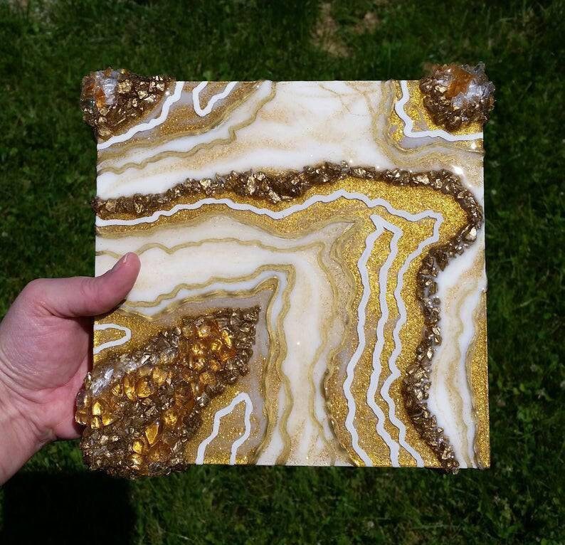 Gold And White Resin Art 8x8 Geode Painting with Glass Crystals