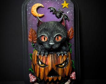 Black Cat Pumpkin Halloween Wall Art | Creepy Cute Jack-O’-Lantern Clay Sculpture | Gothic Pumpkin Cat Decor | OOAK Spooky Collectible Art