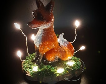 Sitting Fox & Fireflies Lighted Art Scene