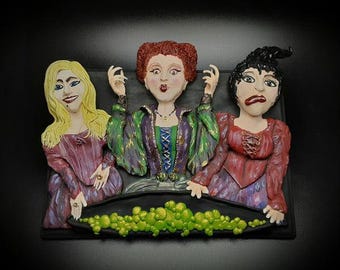 Witch Trio Wall Sculpture | Handmade Halloween Decor | Gothic Polymer Clay Art | Spooky Cauldron Scene | Creepy Cute Witches Wall Hanging