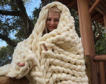 Couverture en tricot super trapue, tricots trapus, couverture en laine mérinos, couverture tricotée, fil trapu, couverture tricotée de bras de laine mérinos