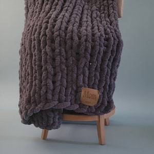 Chunky Knit Blanket personalized with leather patch, Chenille Blanket, Gift for Her