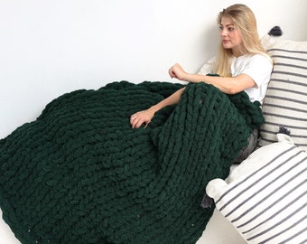 Chunky chenille hand  knit throw blanket