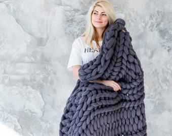 Chunky Knit Blanket Throw made with 100% Merino wool
