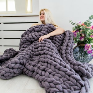 Chunky Knitted Thick Blanket Winter Warm Hand Yarn Merino Wool Throw Arm  Knit