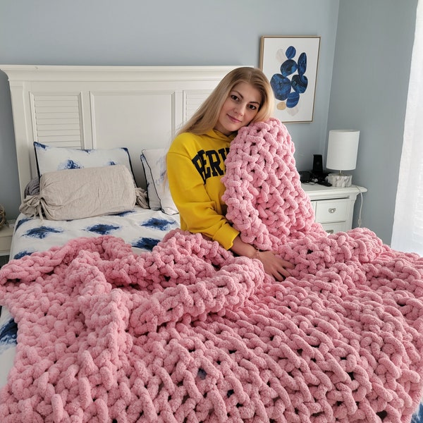 Pink Chunky Knit Blanket Etsy