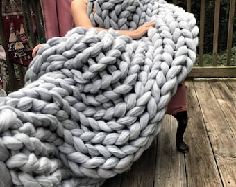 Manta de punto súper grueso, tejidos gruesos, manta de lana merino, manta de punto, hilo grueso, manta de punto de brazo de lana merino