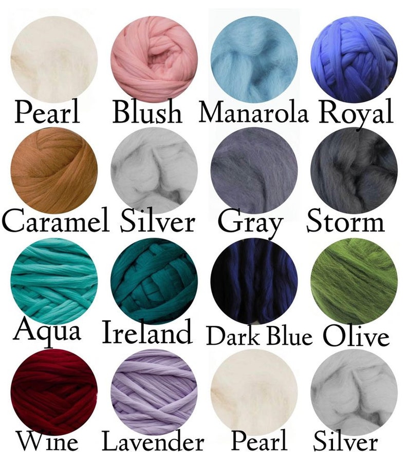 May include: A color chart of yarn with 12 different colors. The colors are: Pearl, Blush, Manarola, Royal, Caramel, Silver, Gray, Storm, Aqua, Ireland, Dark Blue, Olive, Wine, Lavender, Pearl, and Silver.