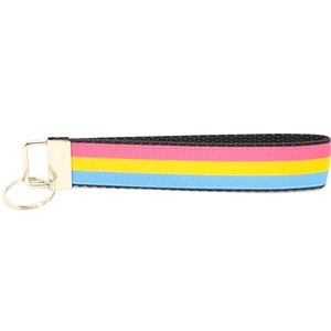 May include: A black key chain with a pink, yellow, and blue striped design. The key chain has a silver metal ring.