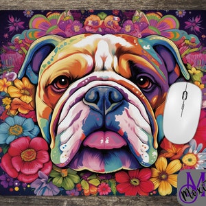 Bulldog Mouse Pad - Bulldog Desk Mat - Bulldog Decor - Bulldog and Flowers - Bulldog Office Accessory - Bulldog Gift