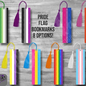 May include: Eight different pride flag bookmarks with tassels. The flags include the transgender, lesbian, bisexual, pansexual, genderqueer, asexual, non-binary, and rainbow pride flags.